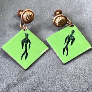 Vintage enamel and copper, green and black human figure screwback earrings